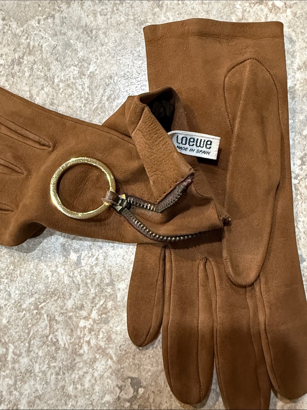 Loewe Tan Suede Gloves with Goldtone Ring Zip Detail